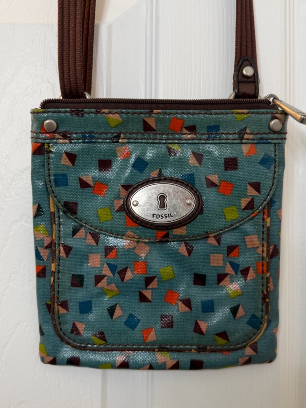 Fossil Teal Geometric Print Crossbody Bag